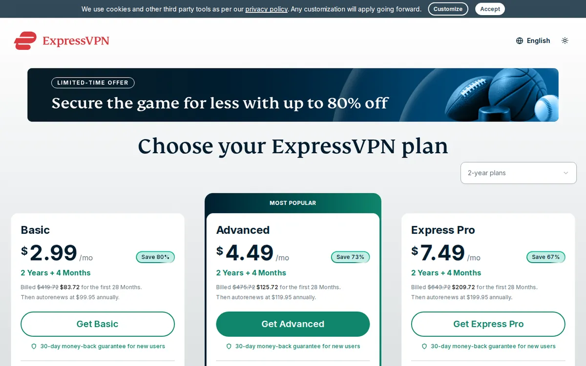 ExpressVPN、Proton VPN資料來源頁截圖:expressvpn.com,2026-10-04 擷取